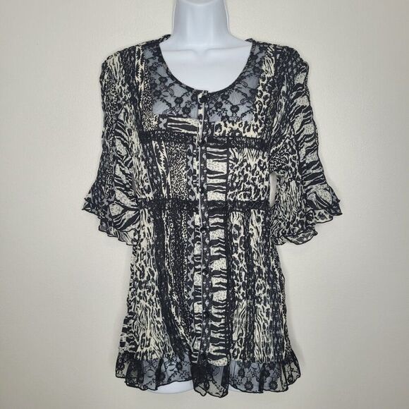 Larry Levine black white mixed print grunge lace abstract art to wear top large - Picture 1 of 7